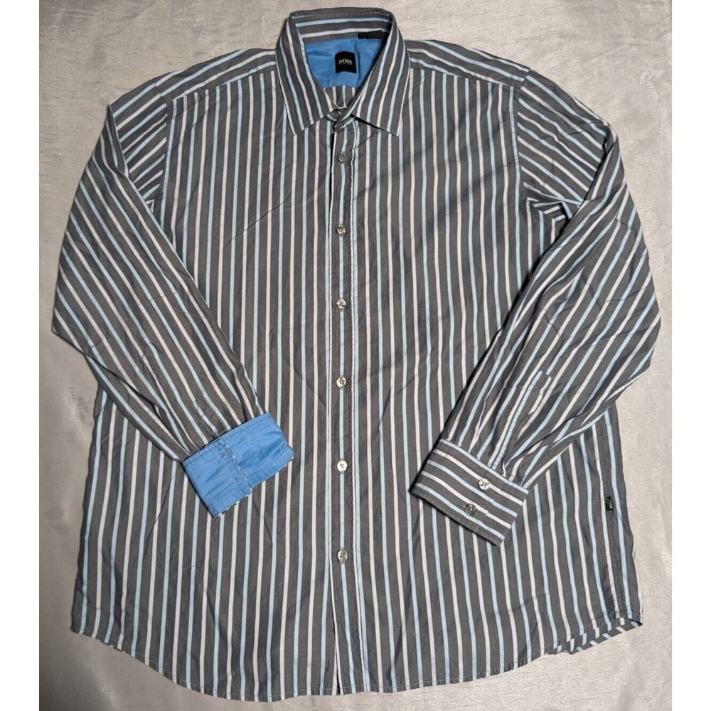 BOSS‎ HUGO BOSS Men 2XL Gray Blue Stripe Cotton Flip Cuff Long Sleeve Shirt